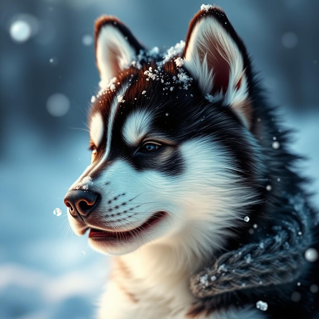 Hyperrealistic Husky Puppy in Snow, Splash Art