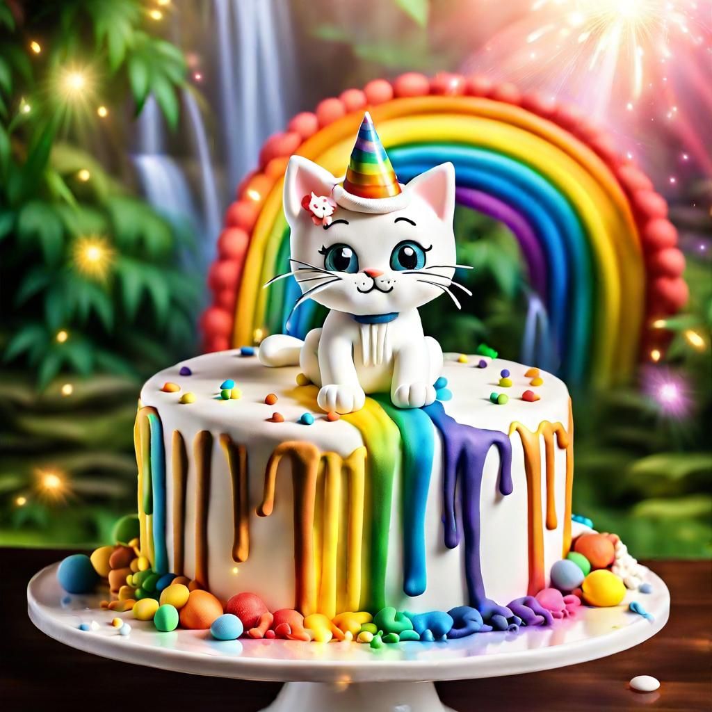 Cat's First Birthday by Waterfall and Rainbow