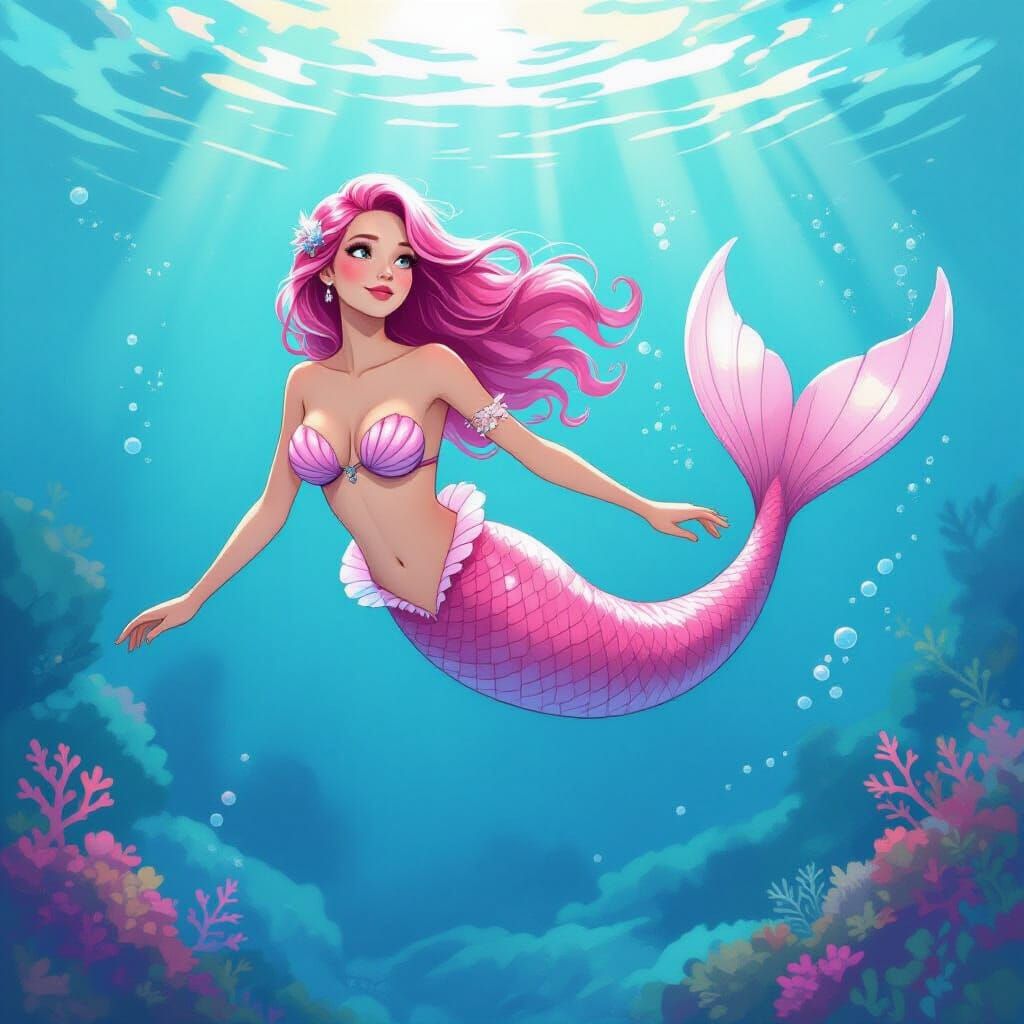 Pink Mermaid in Shimmering Ocean, Watercolor Style
