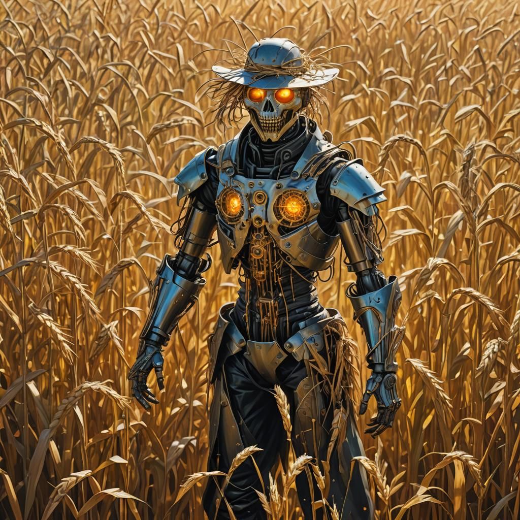 Cyborg Scarecrow in Wheat Field: Digital Concept Art