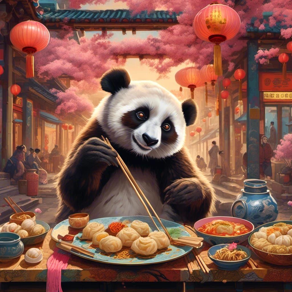 eating Dumplings with a panda bear, both eating with chopsti...