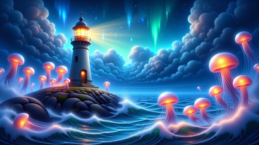 Mystical Lighthouse Illuminates Glowing Jellyfish