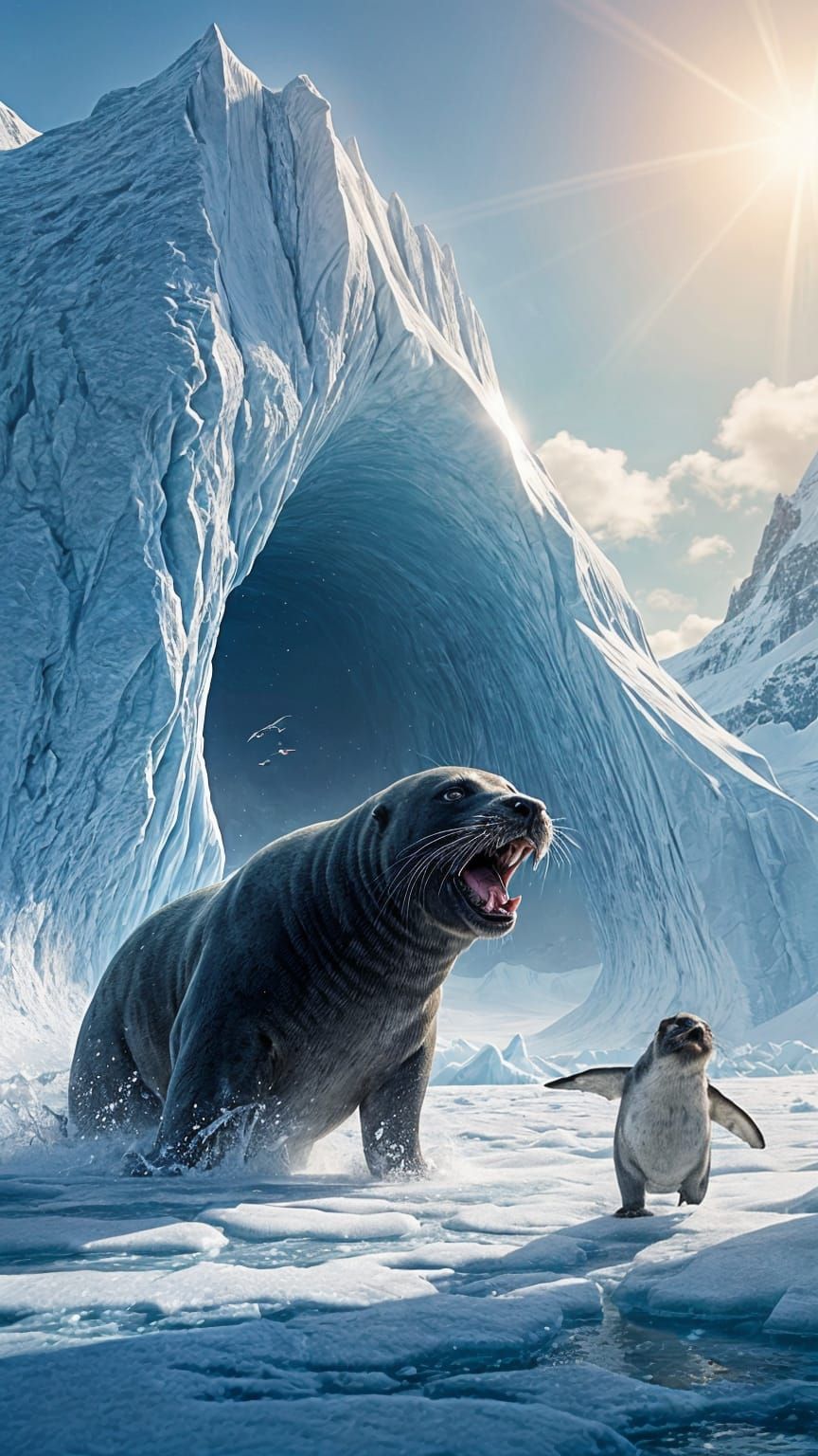 Antarctic Cartoon Scene with Sea Lion in Pixar Style