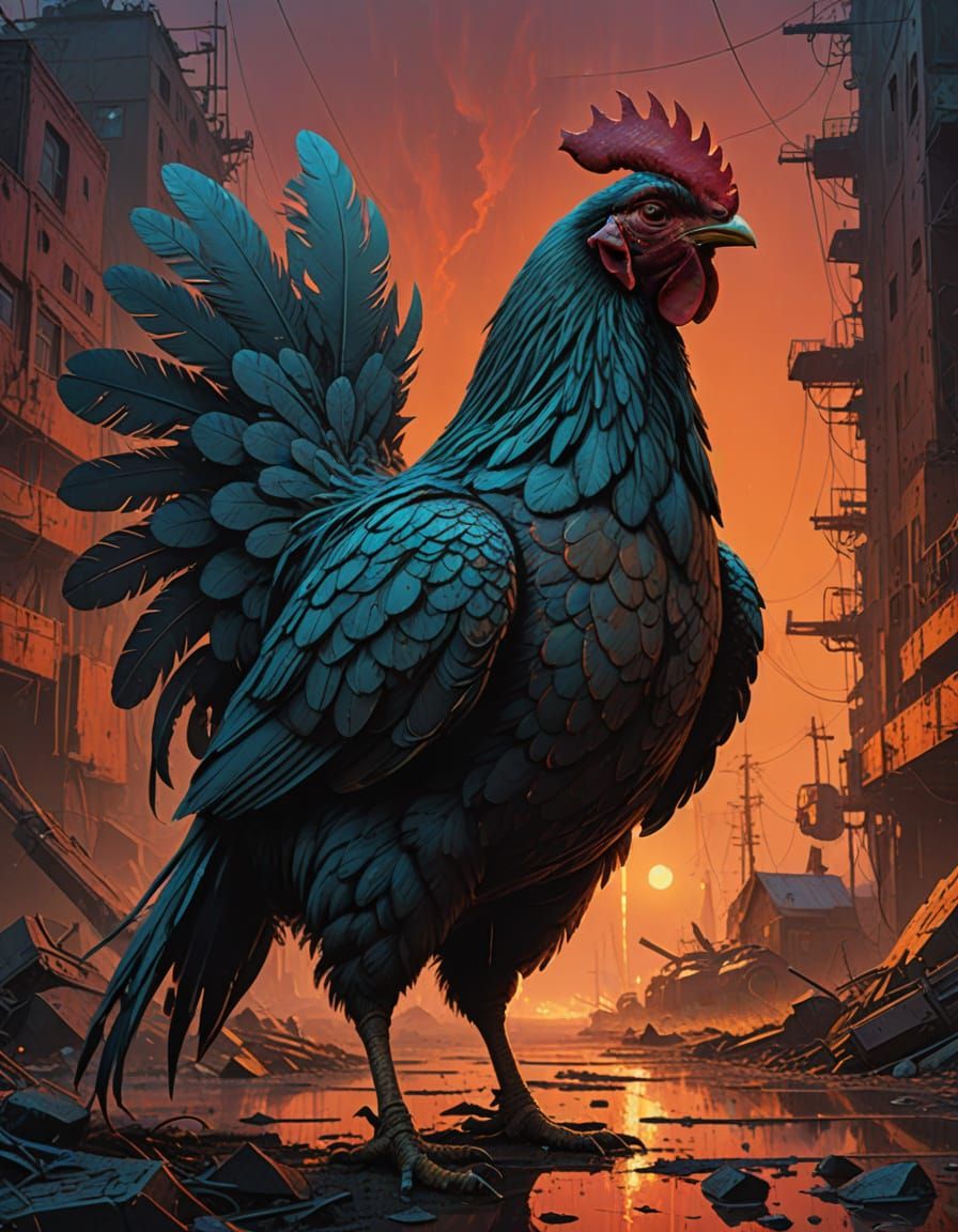 Hyperrealistic Chicken Concept Art in War-Torn Chaos