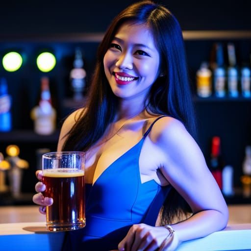 Attractive Asian Woman with Beer and Open Shirt