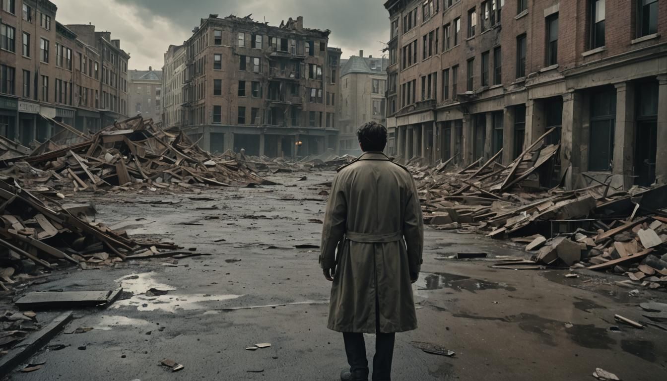 Post-Apocalyptic Figure in a Ruined Cityscape
