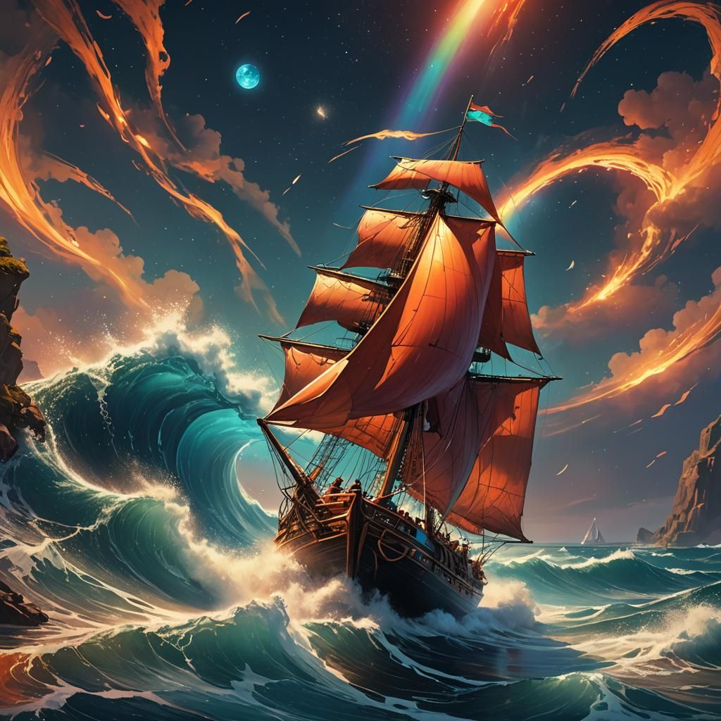 Sailing in the rainbow magical red big moonlight firefly met...