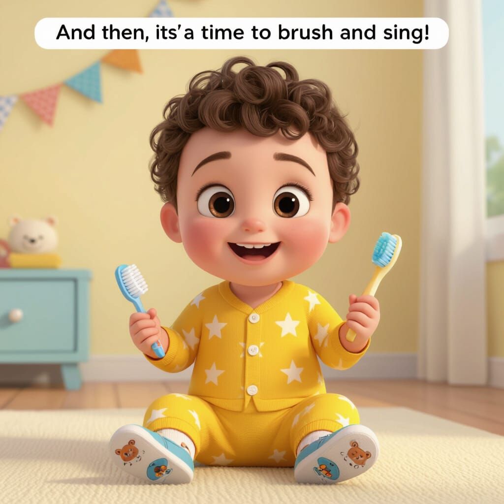 Toddler Brushing Teeth in Sunny Bathroom