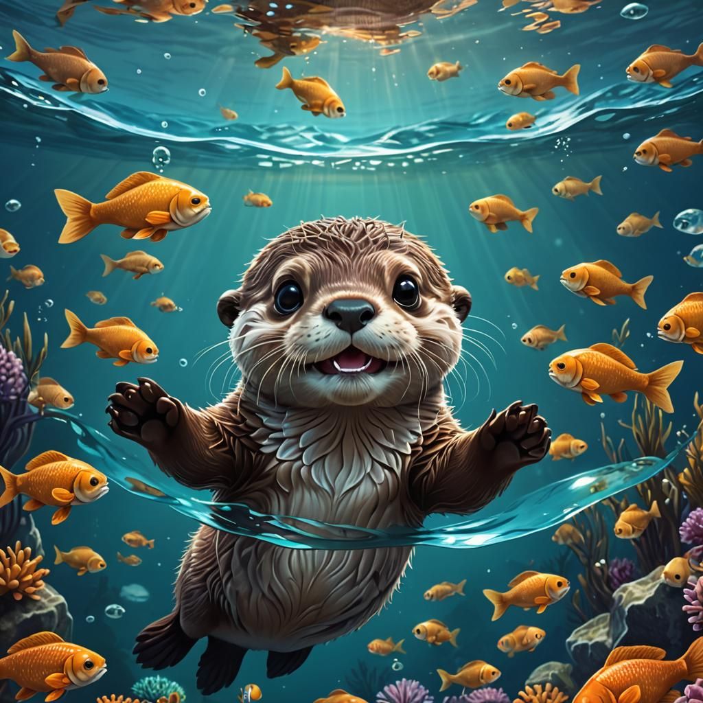 "(Otter and Fish Laughs, cute, Chibi, big eyes: 1.4)/adorable illustration of a Tiny kawaii chibi baby Otter Floating un...
