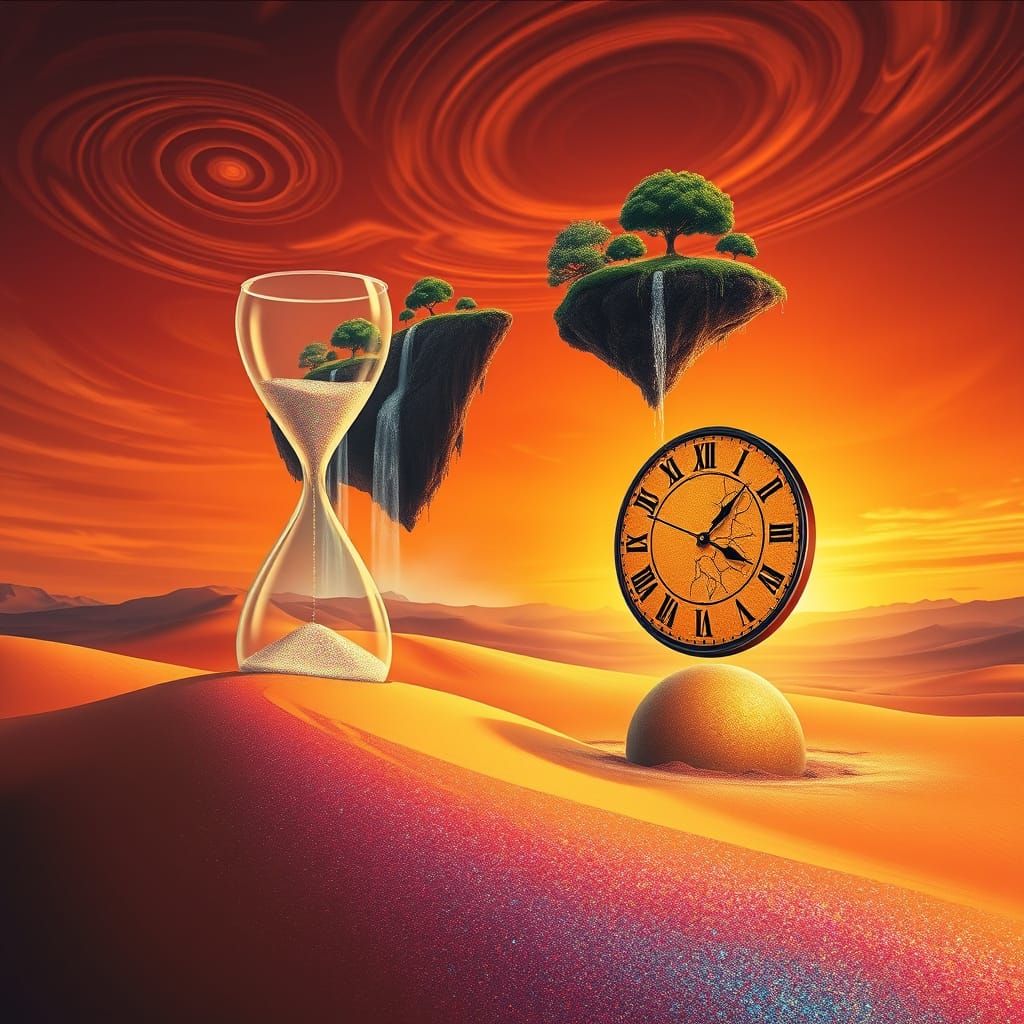 Surreal desert landscape at sunset, featuring a towering hourglass filled with shimmering sand and floating islands abov...