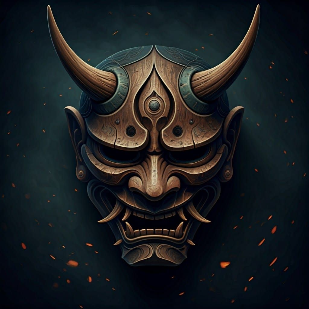 Ancient Brown Oni Mask in Dramatic Lighting