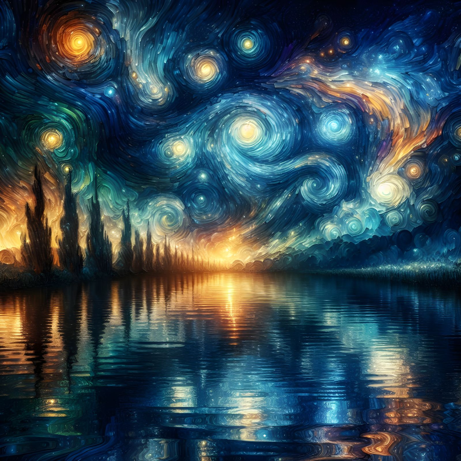 Starry Night Reflection in Van Gogh Style
