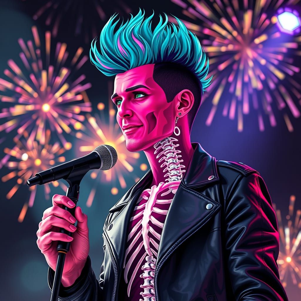 Abstract Fractal Singer with Translucent Skin and Fireworks