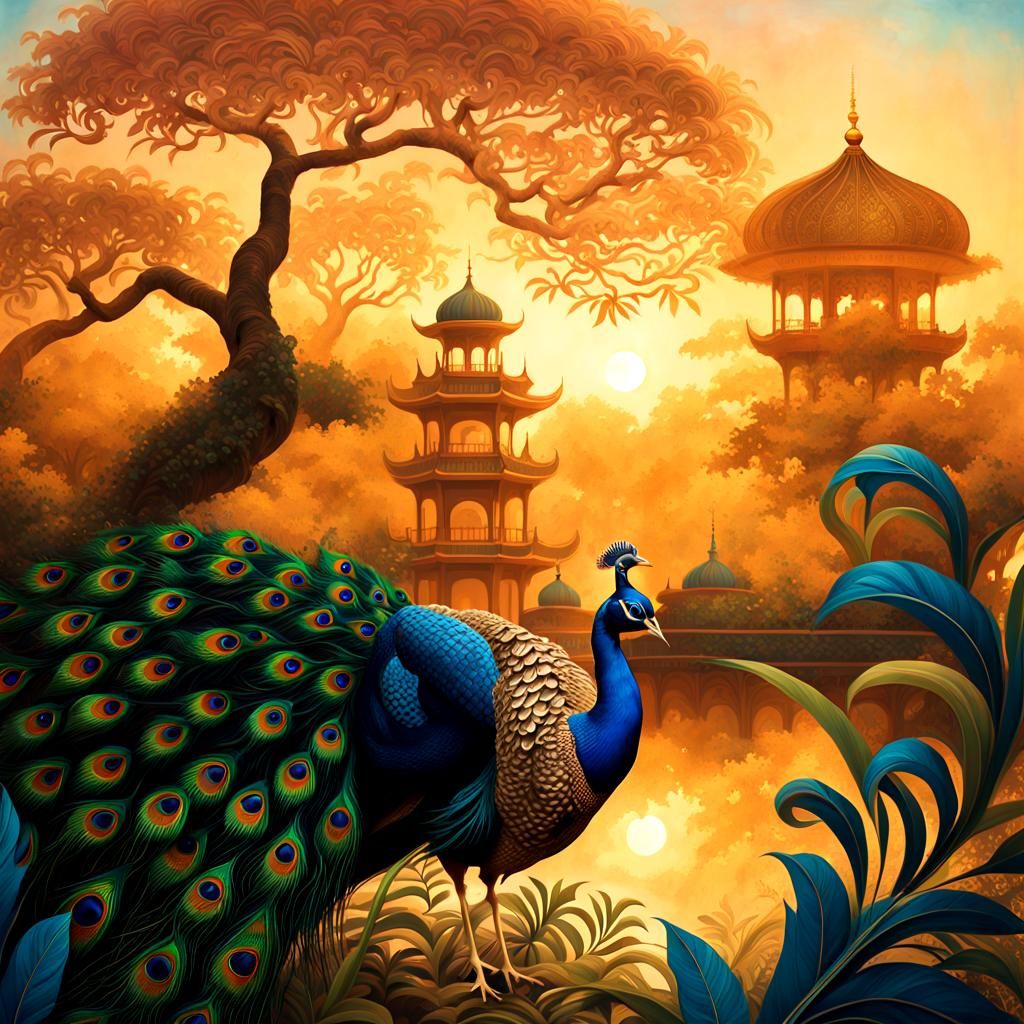 Whimsical Oriental Palace Garden Scene in Symbolist Art