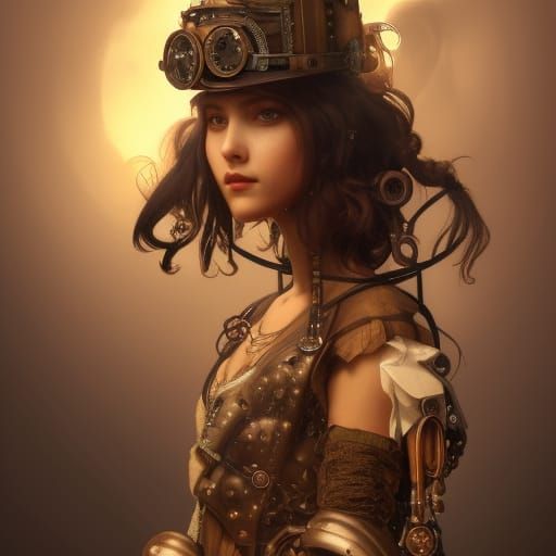 Steampunk Girl Portrait with Cog Staff, Detailed Digital Art