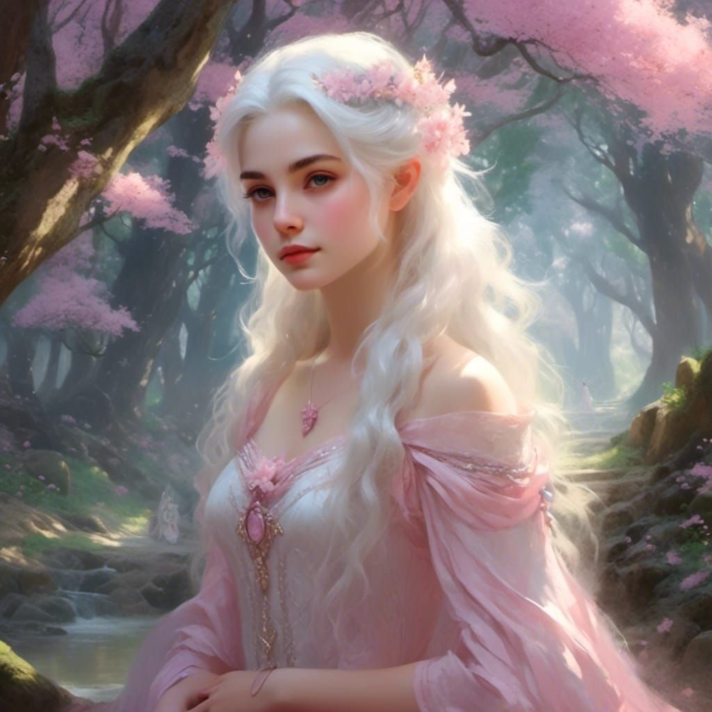Goddess of Nature with White Hair in Ethereal Forest