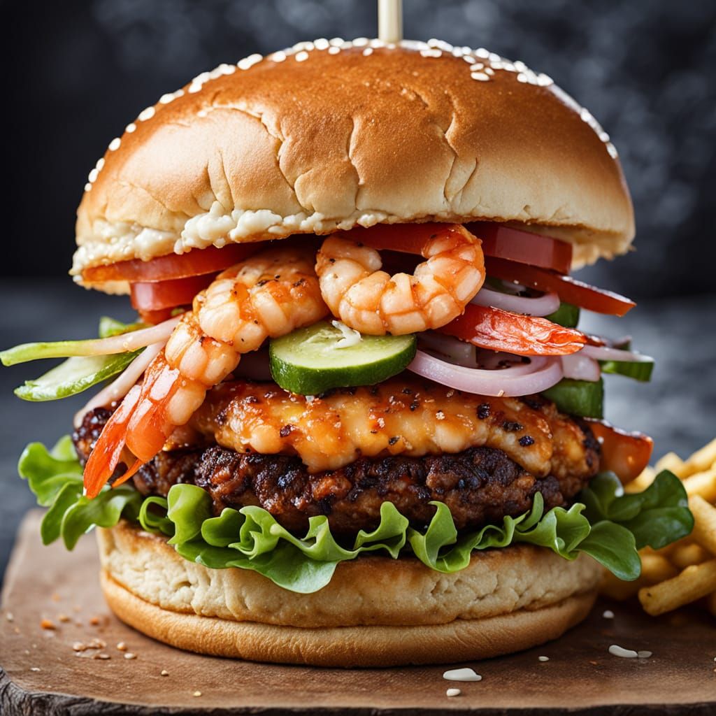Succulent Gourmet Burger with Shrimp and Korean Carrot Salad