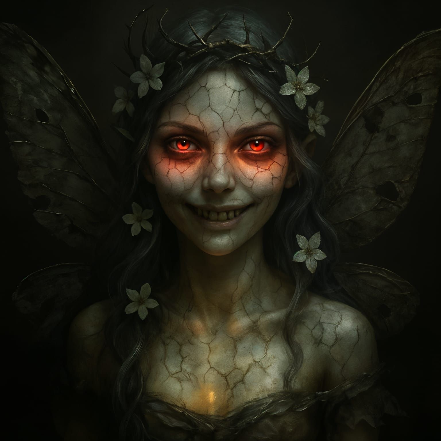 Haunting Fairy with Cracked Skin and Moth Wings