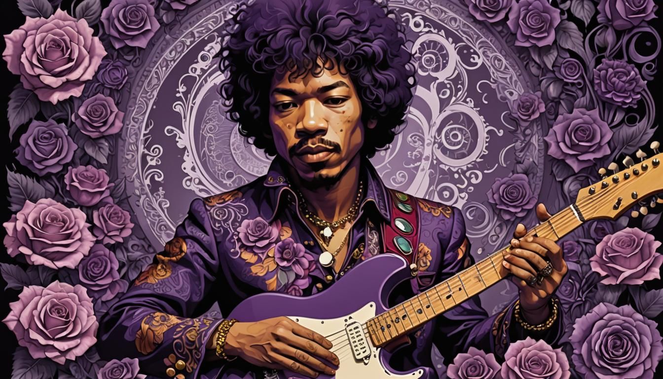 Baroque Portrait of Jimi Hendrix with Purple Guitar