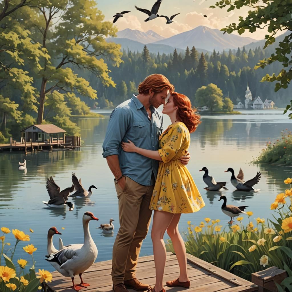 Romantic Lakeside Kiss: Fantasy Book Cover Art
