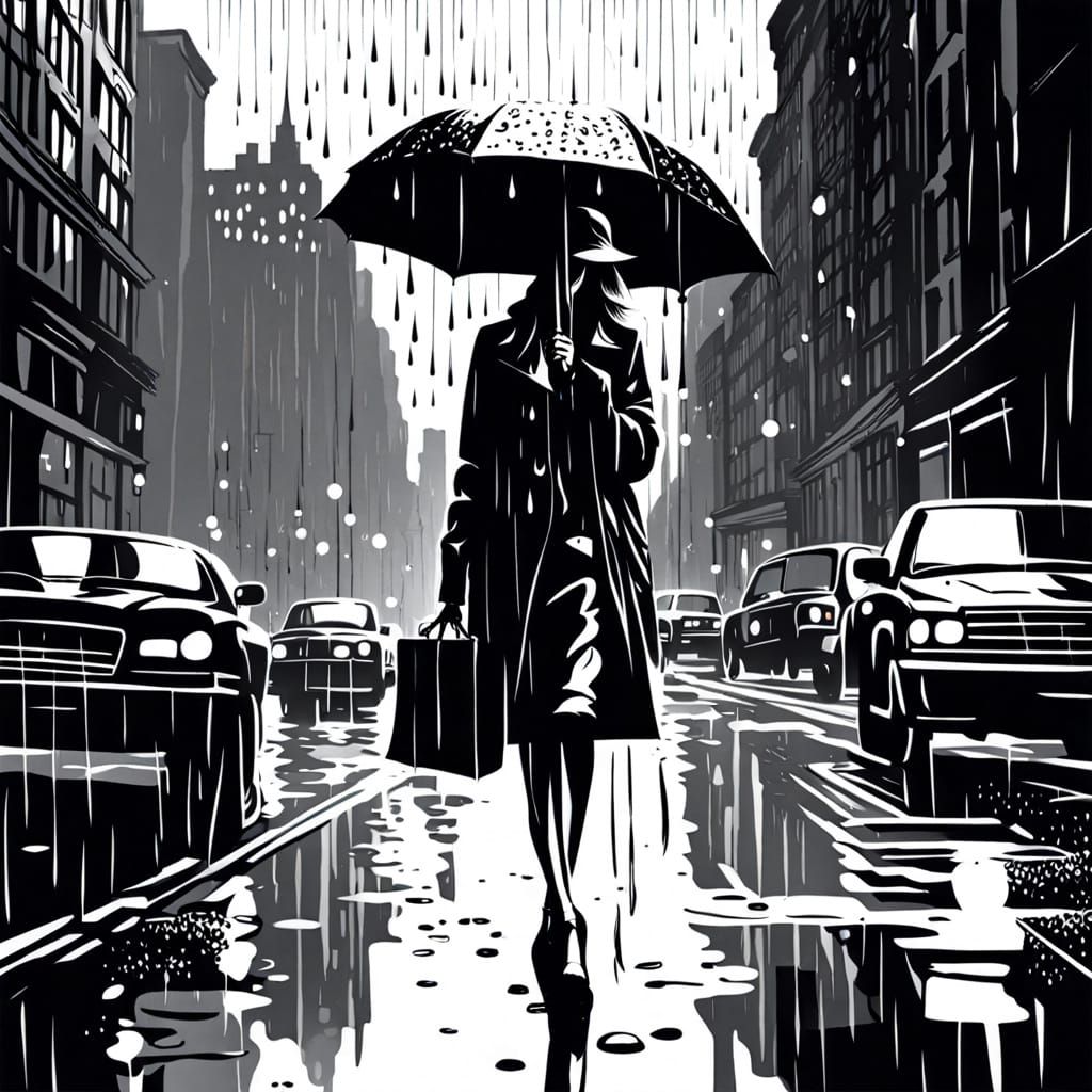 Elegant Woman in Rainy New York: Ink Illustration