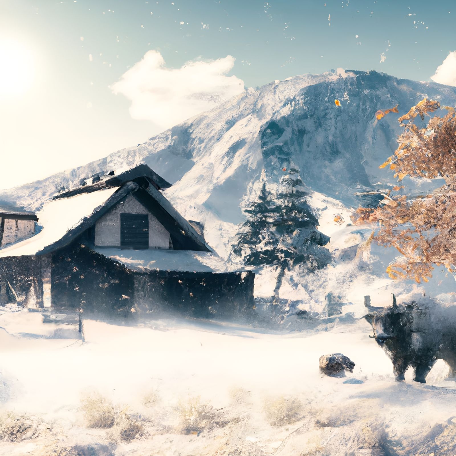 Winter Japanese Farmhouse Matte Painting with Animals