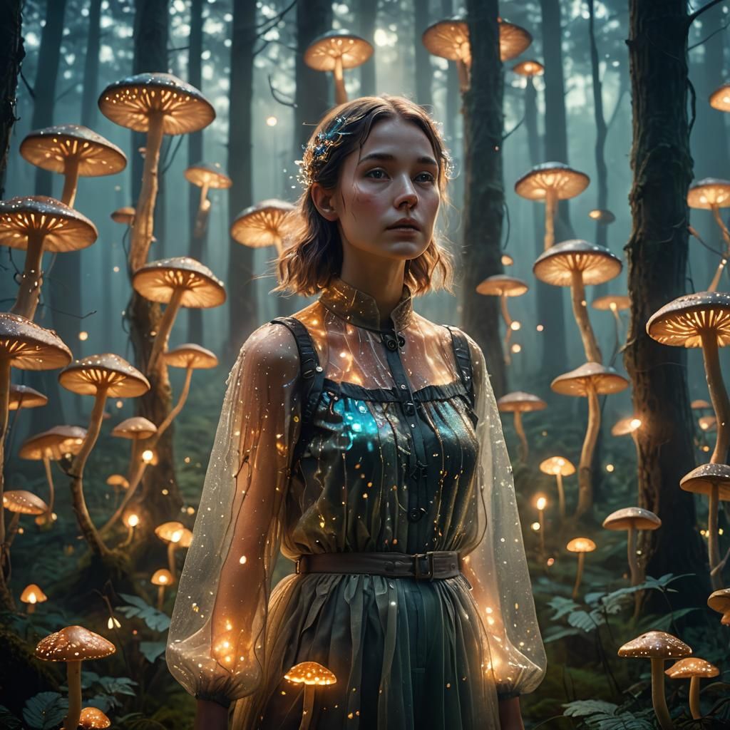 Ethereal Woman in Iridescent Forest: Surreal Dreamscape