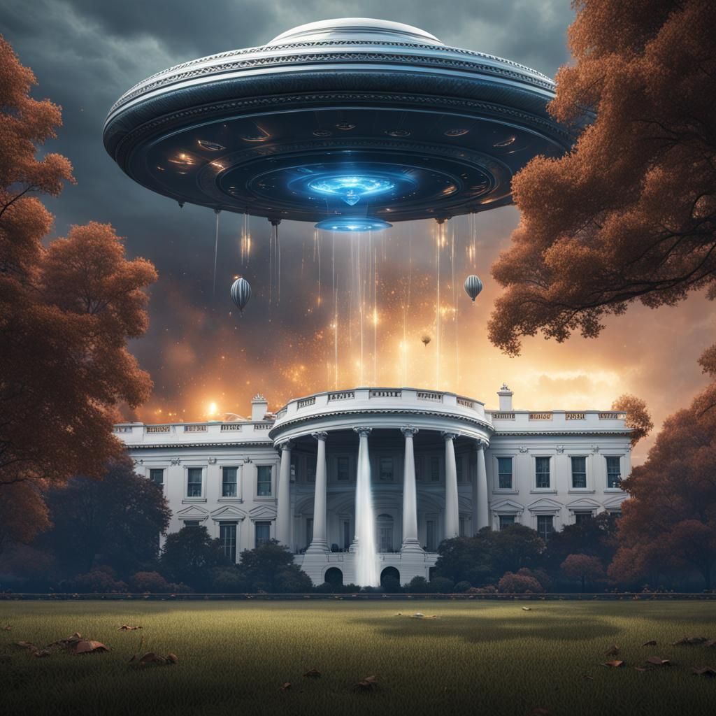UFO Landing on White House Lawn in Detailed Matte Painting