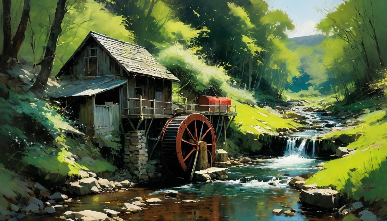 Water Wheel and Rustic Shed in Spring