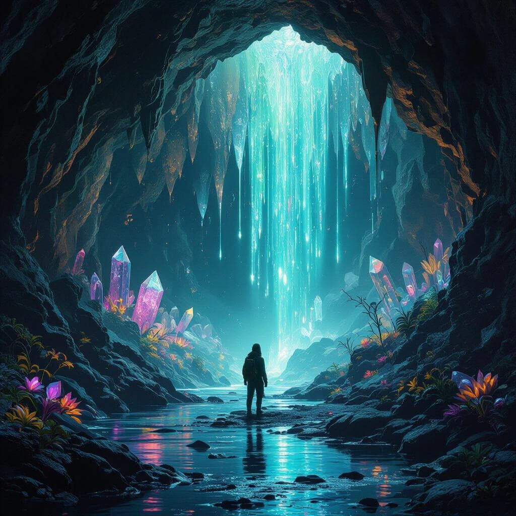 Bioluminescent Alien Cave With Crystalline Formations
