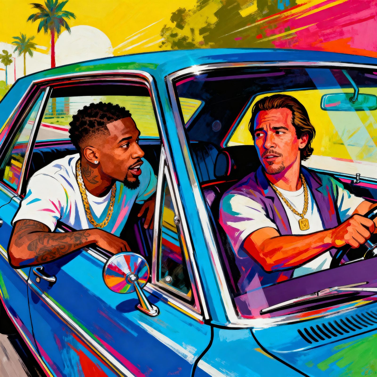 Vibrant Digital Painting of Men in Lowrider Car