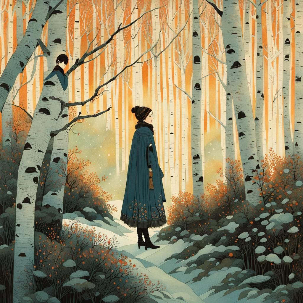 Girl in Winter Birch Forest Illustration