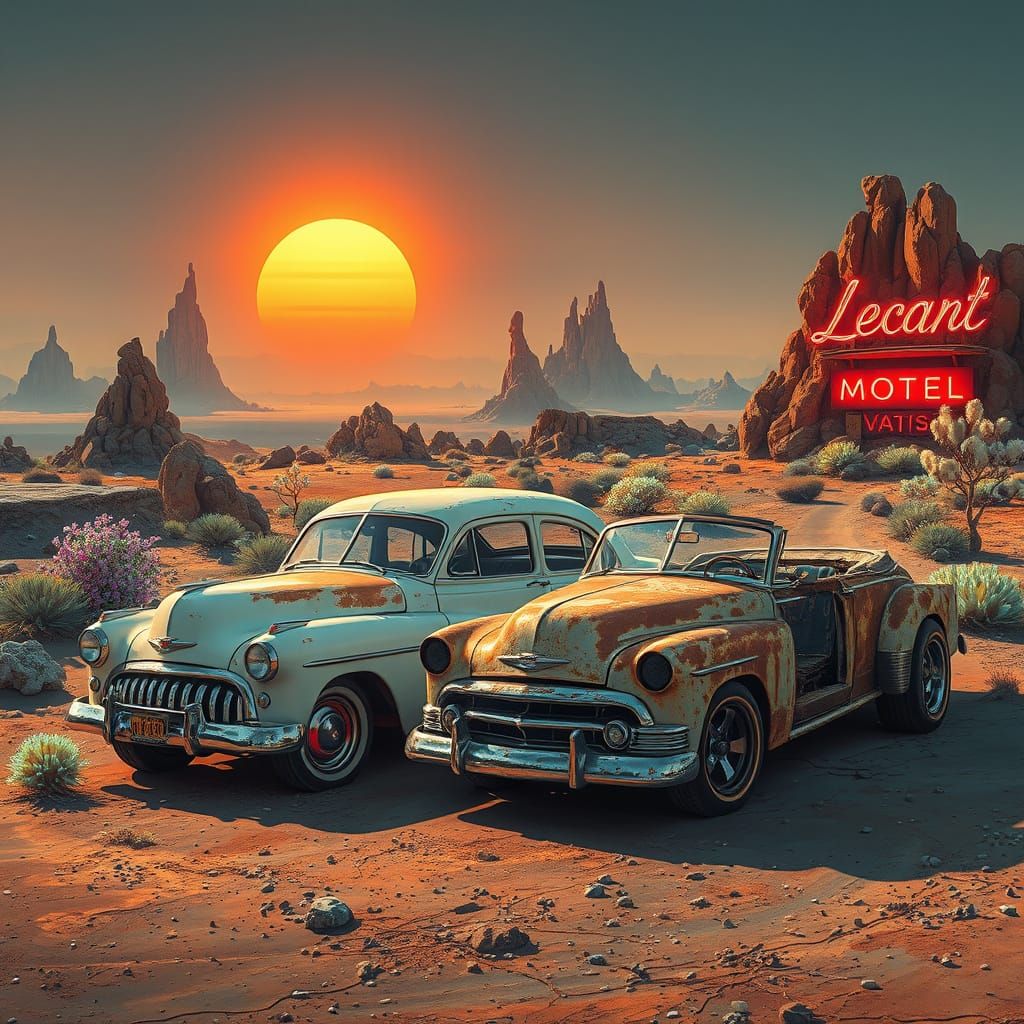 Vintage Cars on Alien Planet: Americana Meets Decay