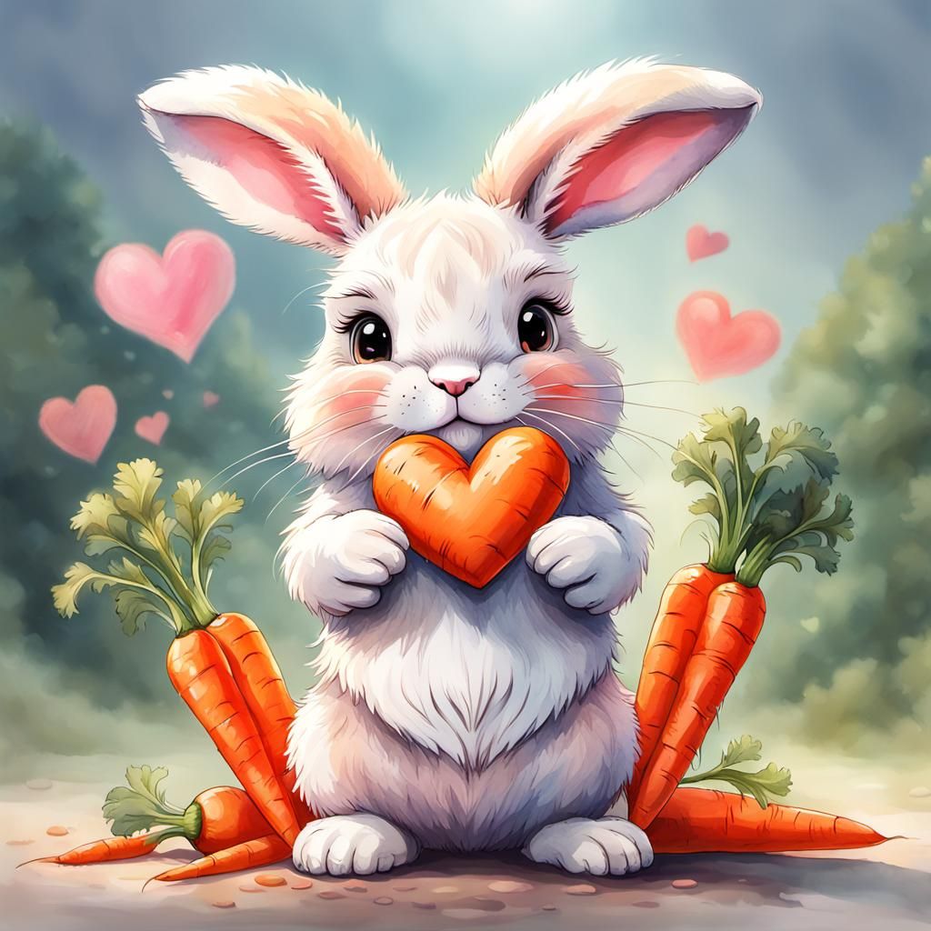 Fluffy Bunny Holding Heart Carrots in Watercolor