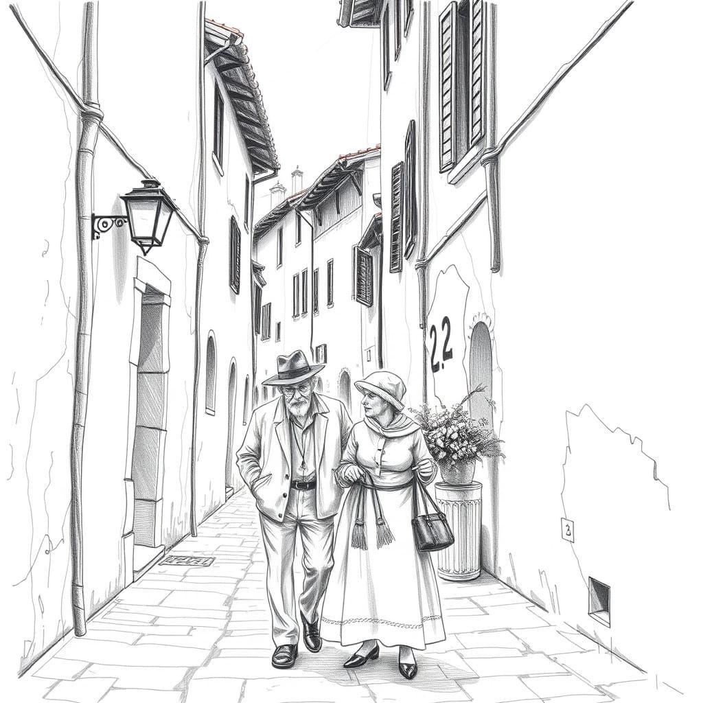 Old Italian Couple: Schematic Pencil Drawing