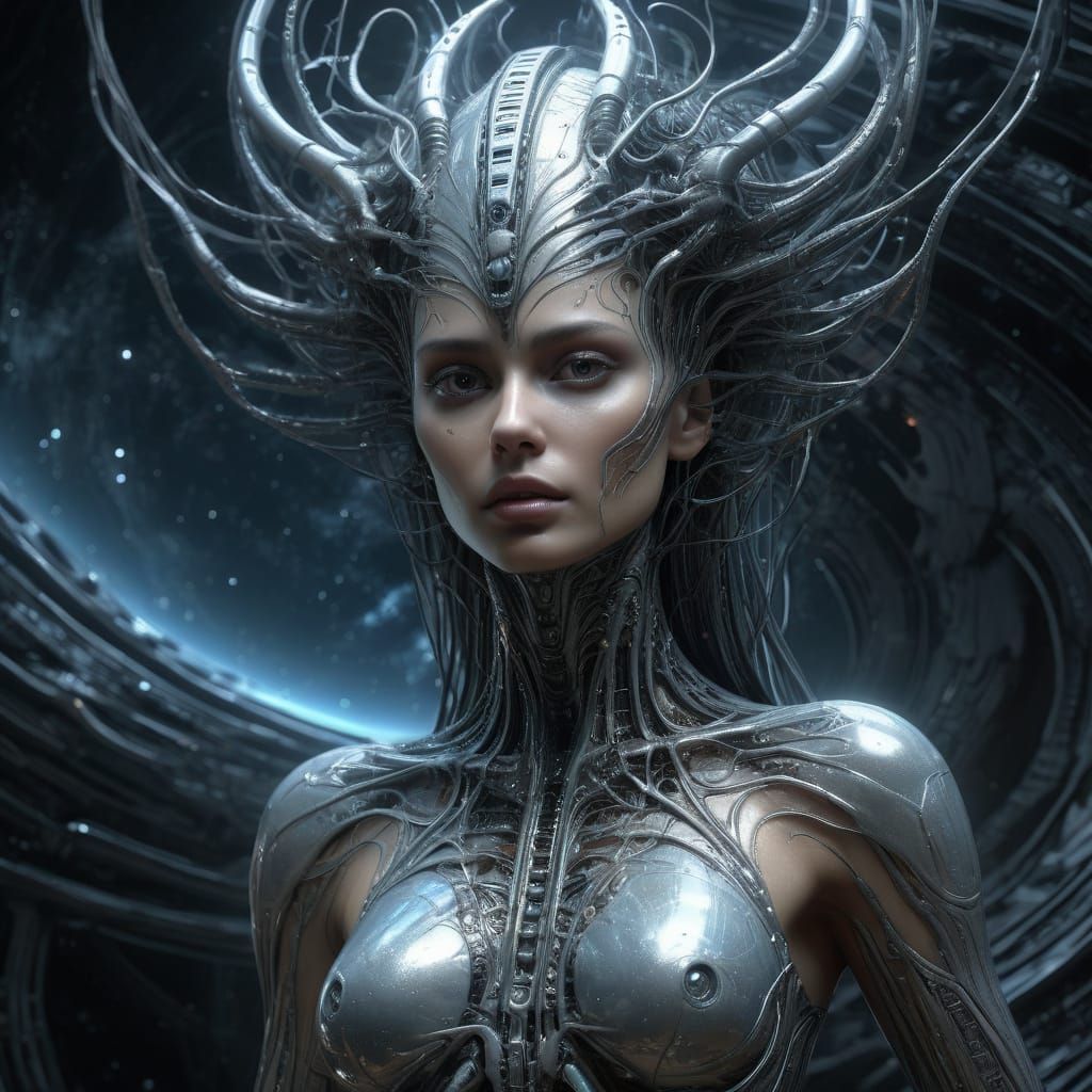 Biomechanical Woman in Cosmic Surreal Sci-Fi Art