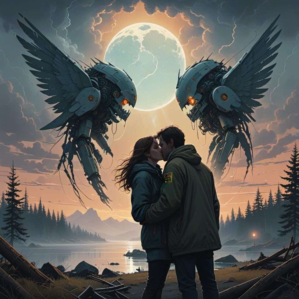 Tender Angel Kissing a Handsome Human in a Dreamy Landscape
