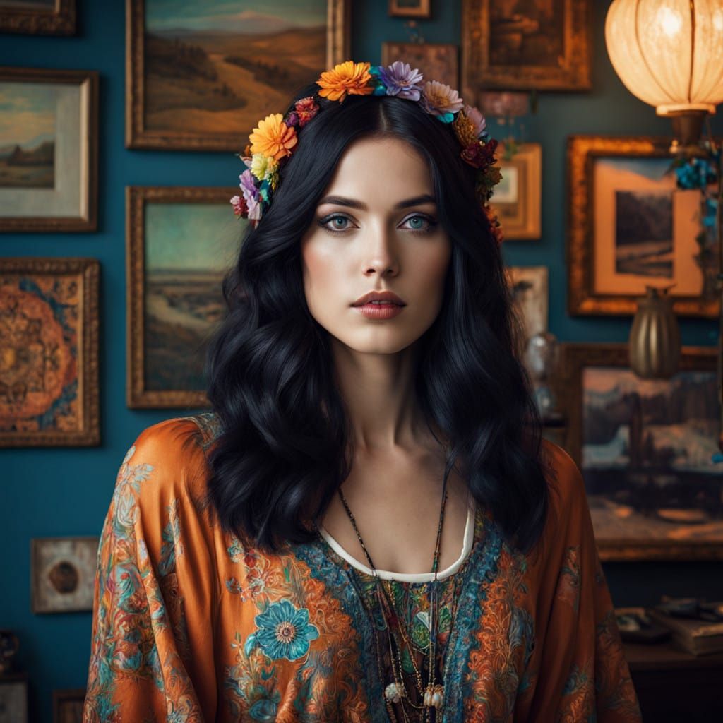Ethereal Hippie Goddess in Vibrant 1960s Attire
