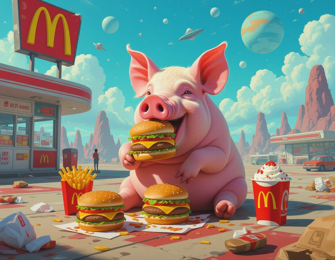 Pig's McDonald's Feast on Alien Planet in Retro Style