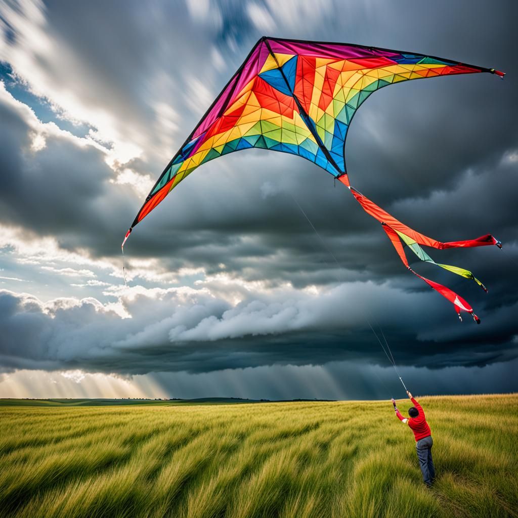 Person Flying Colorful Kite in Grassy Field