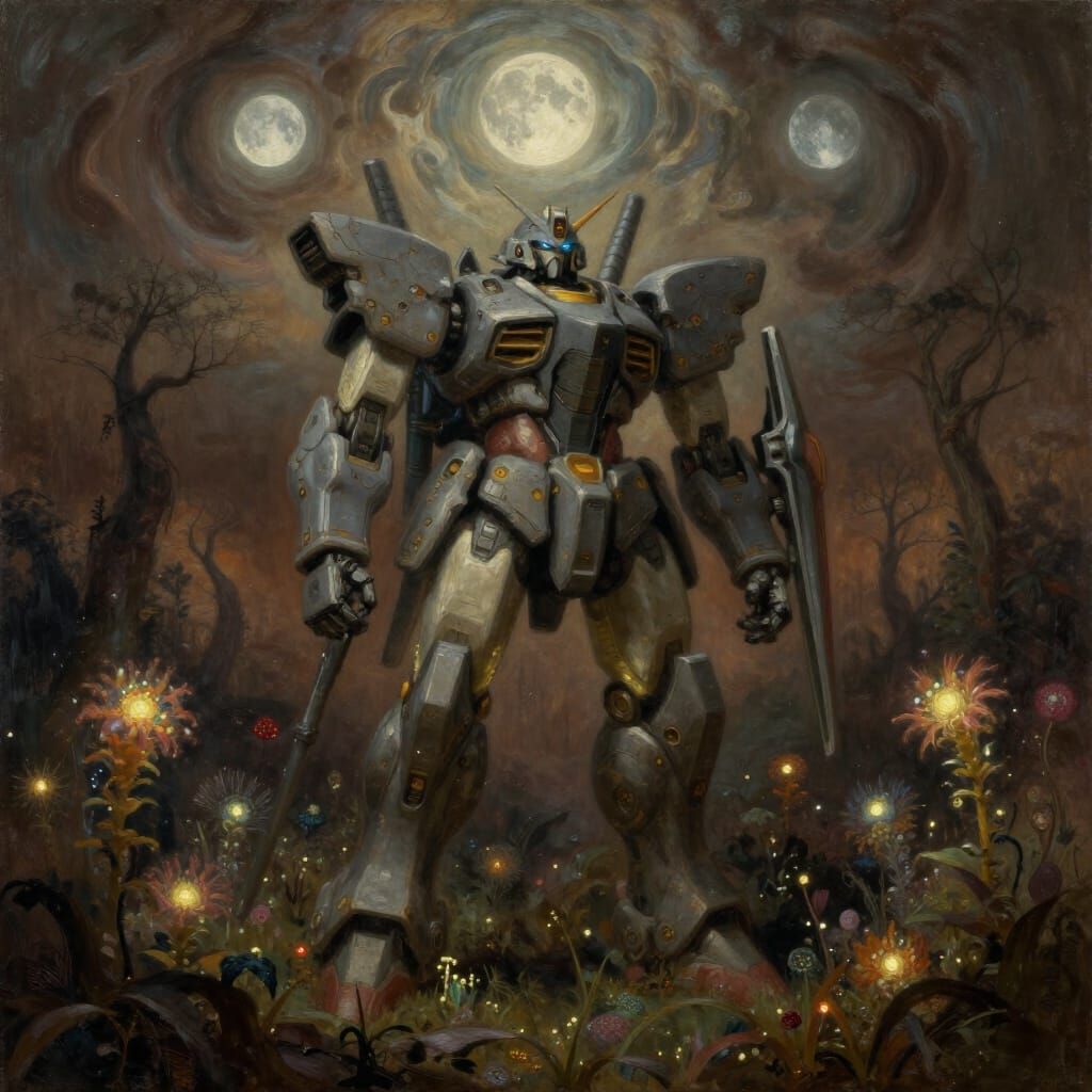 Colossal Mecha Sentinel in Dark Fantasy Landscape