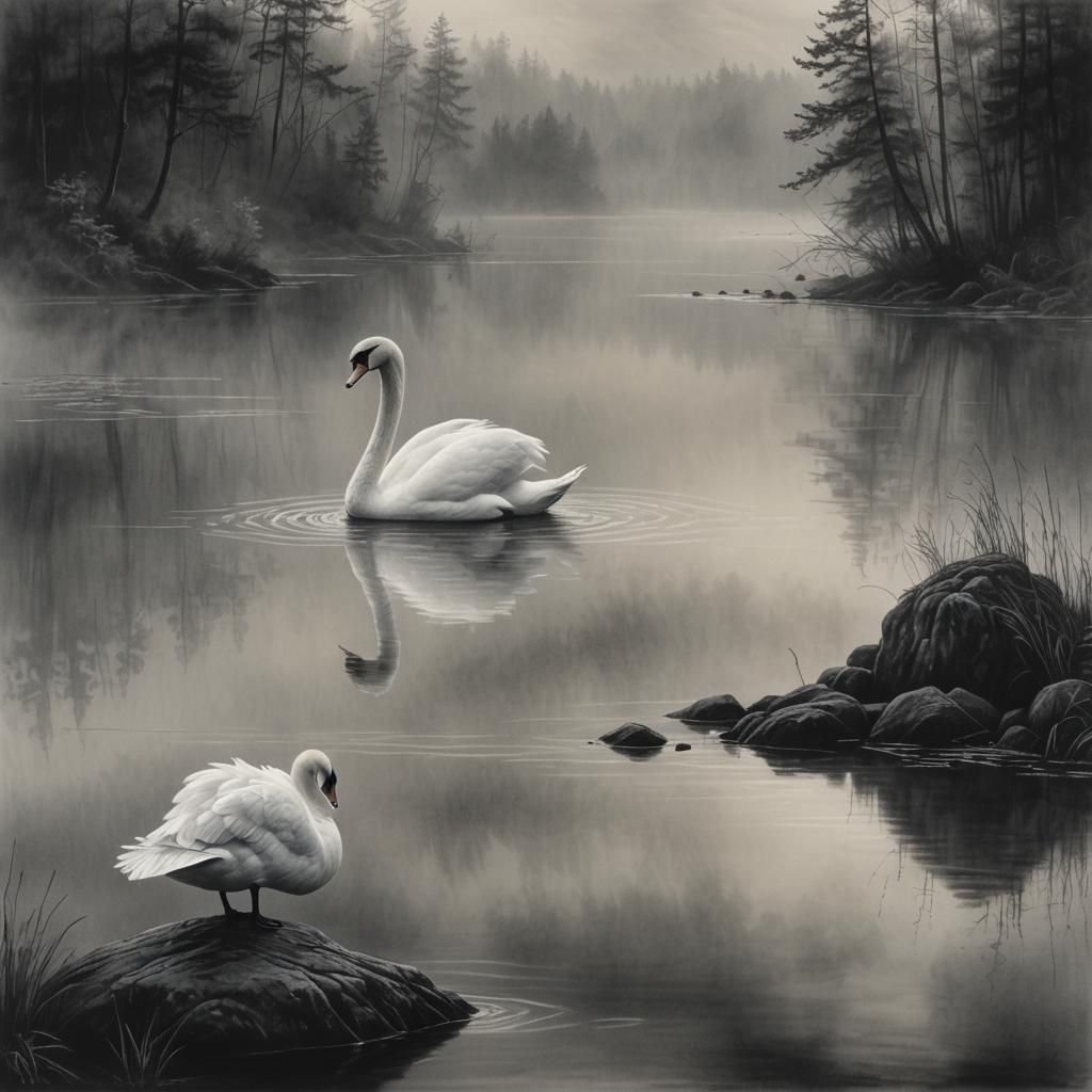 Swan on Lake at Dusk in Charcoal Drawing Style