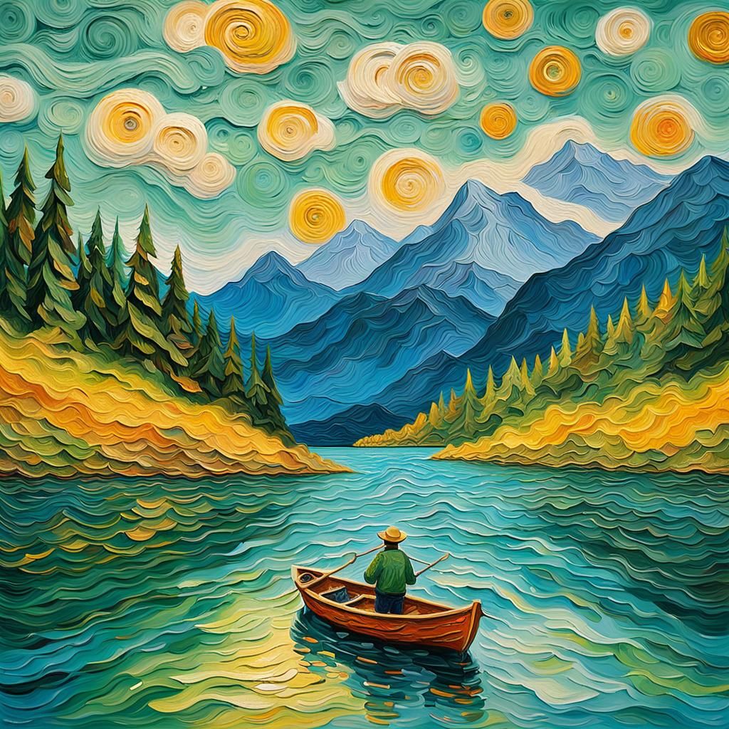 Fisherman on Lake: Impasto Painting in Golden Hour