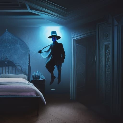 Spooky Blue Figure in Attic Bedroom: Digital Matte Painting