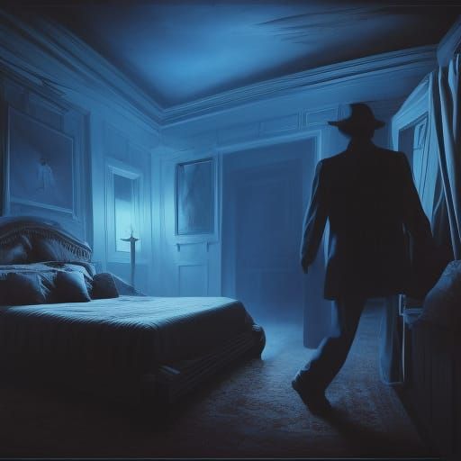 Spooky Blue Man in Attic Bedroom at Night