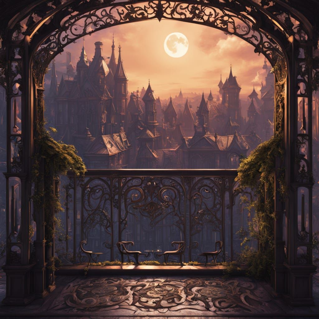 Vampire Gazes Over Gaslit Victorian City in Art Nouveau Styl...