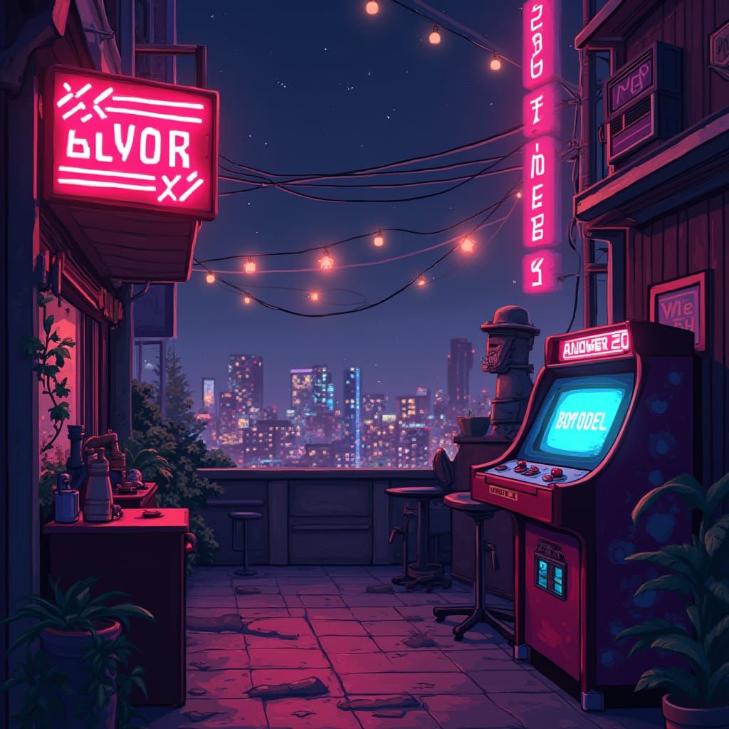 Retro Arcade Scene in Cyberpunk Pixel Art