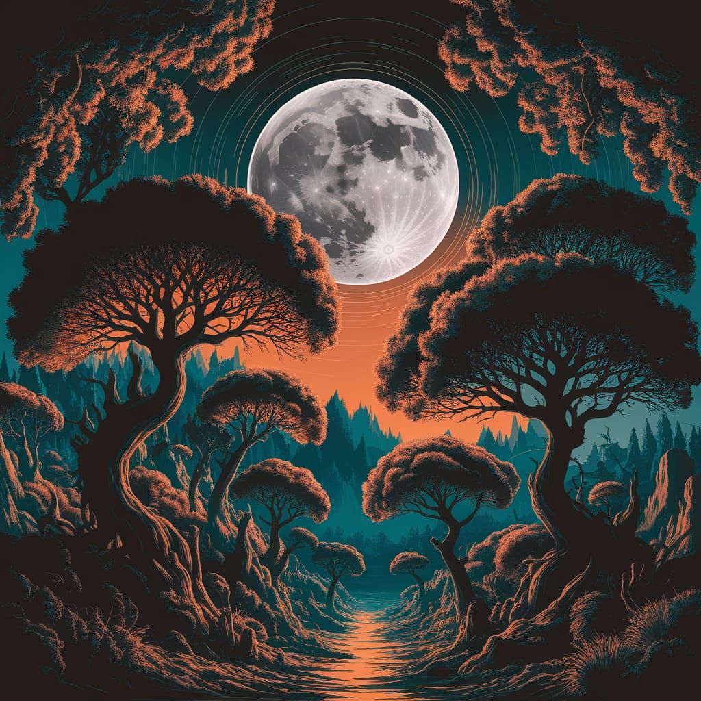 Enchanted Forest Moonrise in Detailed Matte Painting