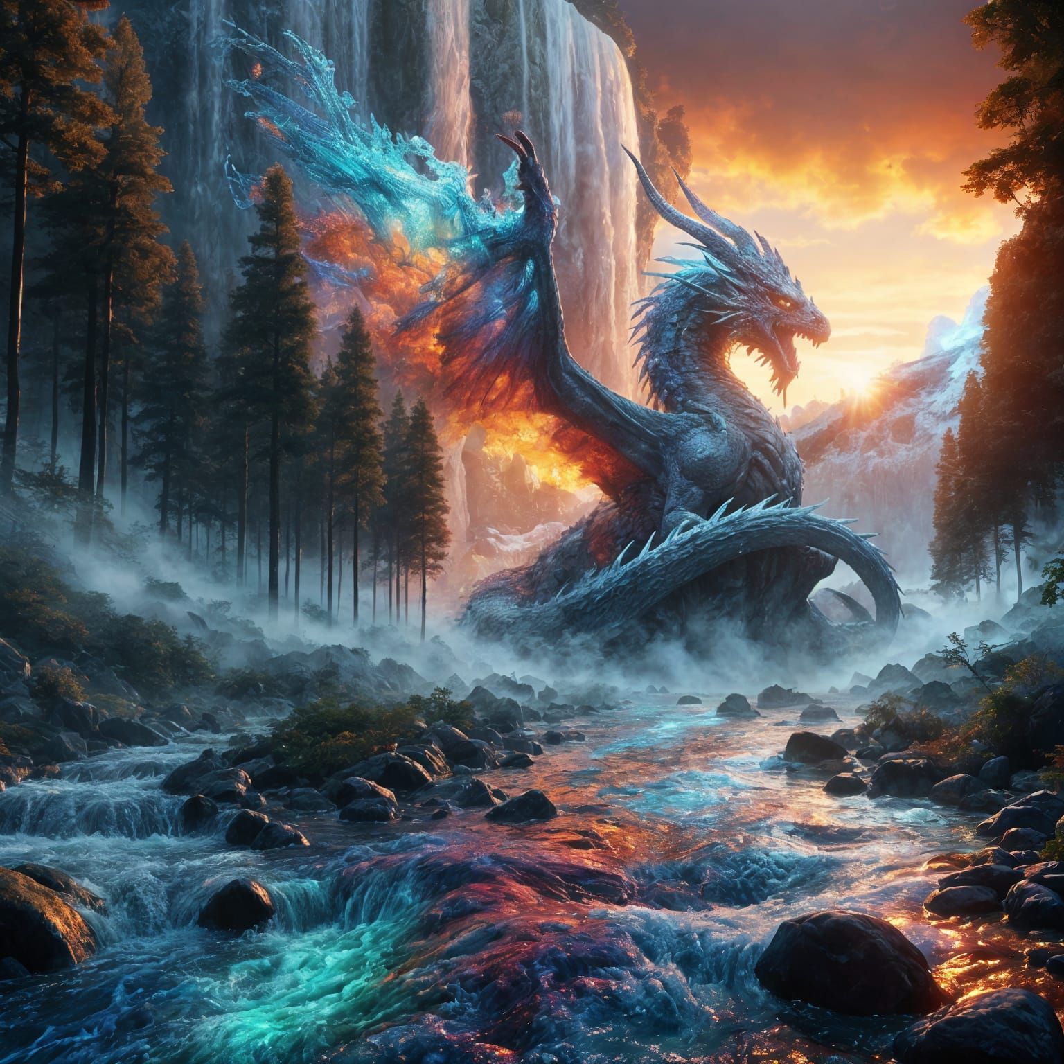 Majestic Water Dragon in Misty Gorge at Sunset