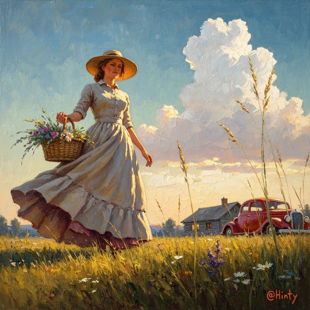 Impasto Painting of Lady in Flowing Dress at Sunset